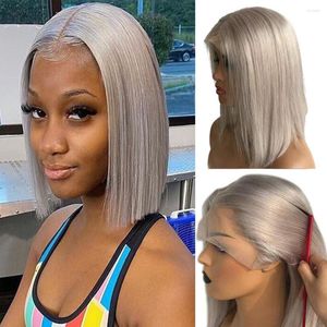 Grey T Part Short Bob Wigs 180% Density Silky Straight 13x1x4 Middle Pre Plucked Lace Front Human Hair Wig For Black Women