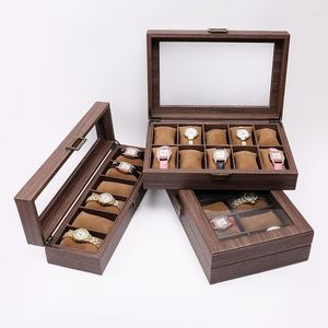 Watch Boxes Wood Grain Leather Watches Storage Display Case Box Made Of PU In And Real Glass