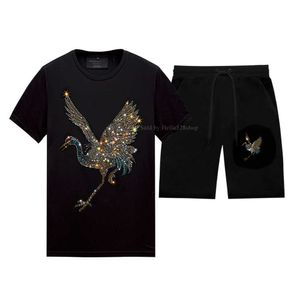 Men's Tracksuits Summer Casual Rhinestone Tracksuits Men 2 Piece with Designs - Crewneck Short Sleeve T-shirts and Shorts Pants Set Black