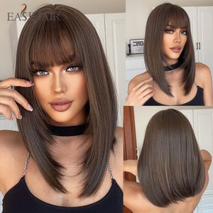 Short Straight Chestnut Brown Black Synthetic Wigs with Bang Layered Medium Length Wigs for Women Daily Heat Resistantfactory direct
