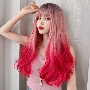 Hair Lace Wigs Wig Female Long Net Red Gradient Big Wave Curly Fashion Pink Head Hair Set