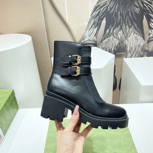 Black Leather Ankle Boot With Buckles Mid-heel Platform Boots For Woman Zip Closure Martin Booties Beige And Ebony Canvas Motorcycle Roman