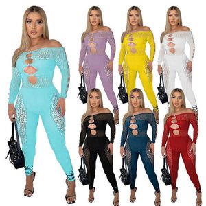 Vår Sommar Off Shoulder Sexig Jumpsuit Spets Bodycon Kvinnor One Piece Outfits Solid Långärmad Dam Kvinna