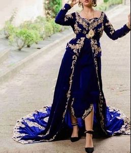 Traditionelle Karakou-Kaftan-Mariage-Abendkleider, königsblauer Samt mit langen Ärmeln, formelle Partykleider, goldene Spitzenapplikationen, Kristalle, Perlen, arabischer Abschlussball-Kaftan 2023