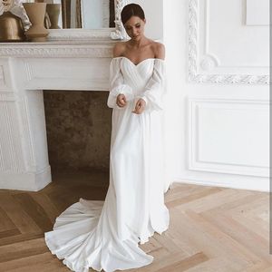 Schulterfreie Chiffon-Strandhochzeitskleider mit langen Ärmeln, einfache Boho-Brautkleider mit Schleppe für Frauen, Robe Mariage, formelles Kleid