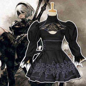 Njuravtalsmaskiner yorha 2b cosplay kostym anime kvinnor outfit förklädnad kostym set fancy halloween flickor fest svart klänning j220720