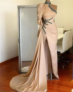 Champagne Mermaid Evening Dresses Long High Collar High Slit One Shoulder Crystal Dubai Saudi Arabic Formal Prom Gowns