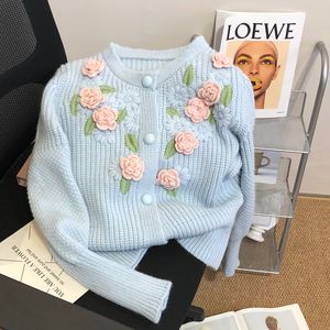 女性のOネック3Dフラワー刺繍温かい肥厚シングル胸セーターコート