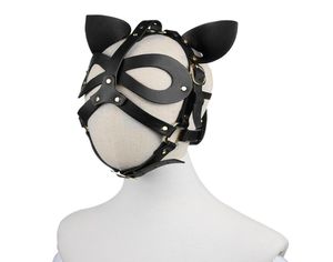 Volwassen anime cosplay Harness Bondage Head Hood Cat Oren Lederen Mask voor Face Women Men Paren Accessoires Sex Toys Black Red3019877