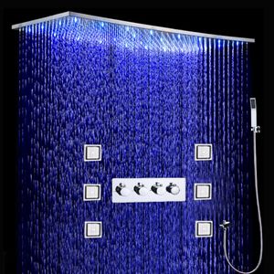 Badkamer LED -doucheset 500x1000 mm plafond grote regen douchekop paneel thermostatische douchekranen met massagebody jets209g