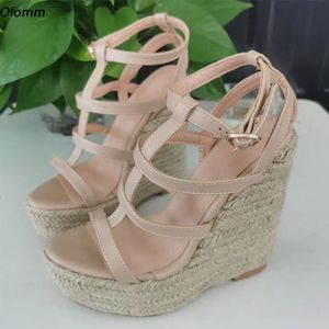 Olomm Women Gladiator Sandals Bohemia Style Wedges High Heels Sandals Open Toe Pretty Nude Casual Shoes Ladies US Plus Size 5-20