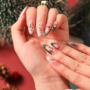 FALSE NAILS 24st jula bärbara franska falska mandelballet Tryck på nagel snöflingor Santa Hat Design Manicure Tips