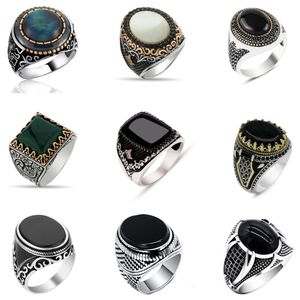 Band Rings Vintage Handmade Turkish Signet Ring For Men Women Ancient Sier Color Black Onyx Stone Punk Religious Jewelry Drop Deliver Smtxk