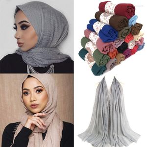 Ethnic Clothing Muslim Women Scarf Hijab Soft Wrinkled Linen Sold Color Vintage Shawl Islamic Turban 170 70cm Eid Ramadan Shayla Girls