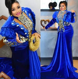 Árabe Aso Ebi Luxuoso Mermaid Prom Vestidos 2023 Cristais de veludo azul royal Mirror de manga comprida