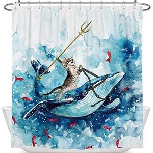 海洋波パターンのクジラの防水シャワーカーテンに乗っている面白い猫の創造性チャイルドバスルームの装飾フック布浴場211119228y