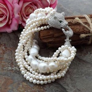 Strand Natural 9 Strands White Pearl 4-11mm Armband CZ Pave Leopard Head Clasp 8inches