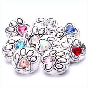 Charms Colorf Crystal Dog Paw Sier Color Snap Button Charms Women Biżuter