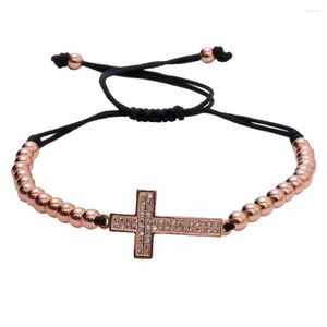 Charm Armband Cross för kvinnliga smycken 2022 Micro Pave White Zirconia 4mm Copper Bead Braiding Macrame Pulseras Mujer