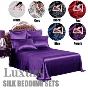 Luxury 3 4sts Satin Silk Deep Pocket upp till 14 tum fast sängkläder Set Monterade ark Kuddfjädrar Twin Full Queen King T200814236O
