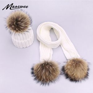 Hüte Schals Sets Soild Farbe Weiß Schwarz Kappe Für Frauen Kinder Schal Set Mit Pelz Pompon Winter Erwachsene Echt Pom caps 221105