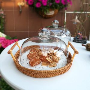 Bakeware Tools Hush￥llskakan Cover Transparent Glass Rattan Woven Tray Sealed Breakfast Snack Creative Dessert Fresh-Keeping