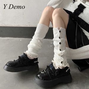 Socks Hosiery Y Demo Grunge Y2k Elastic Side Buttons Lace Patchwork Women Mid-calf Leg Warmers Autumn Winter T221107