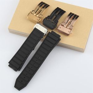 Watch Bands Black 29 19mm Convex Mouth Rubber Watchband For HUBLO T Big Ban G Stainless Steel Deployment Clasp Strap259a