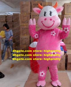 Smart Pink Beauty Cow Mascot Costume Mascotte Bossy Heifer Die Kuh Cattle With Small Orange Horns Happy Face No.2721 Free Ship