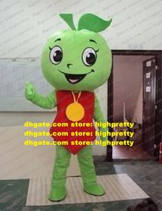 Lively Green Apple Mascot Costume Mascotte med Big Yellow Gold Medal Red Bellyband Left Face Adult No.1402