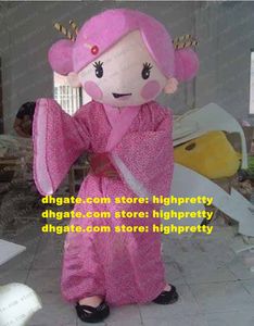 Sweet Pink Japanese Girl Mascot Costume Mascotte Lassock With Pinks Round Cheeks Long Pinkss Kimono Adult No.2808