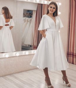 Short Wedding Dress Simple With Bow Back Elegant V-Neck Tank Sleeveless Tea-Length Bridal Gown Robe De Mariee Charming Cheap Beach Civil