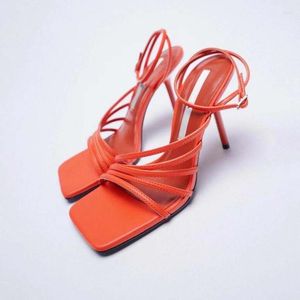 Sandali Summer Sandalen Dames 2022 Coral Red Thin Strap High Heel Ankle Sandalias De Mujer Shoes