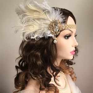 Fasce per capelli da donna Fascia per capelli vintage con piume Catena di metallo bianco Copricapo per feste Gatsby anni '20 per accessori di carnevale 221105