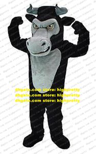 Vivid Mascot Costume Black Bull Toro Buffalo Bison Wild Ox Bovino Vitello con curva lunga Forma di corna grigie Occhi gialli No.6077