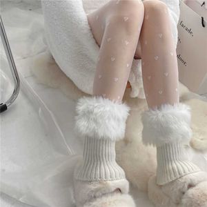 Çoraplar Çorap Kadın Kürk Bacak Içılı Tavşan Kürk Bacak Içıları ile Diz Isıtıcıları Üzerinde Sıcak Fuar Kürk Boot Cover Lady Furry Socks Hediye T221107