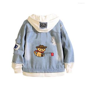 Herrtröjor spel neko atsume kappa tonåringar cowboy cosplay jacka män kvinnor casual denim hooded lös tecknad film