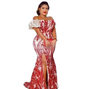 Sequined Side Split Evening Dresses Off the Shoulder Short Sleeve Prom Gown Plus Size Vestidos De graduacion