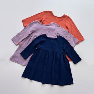 Vestidos de menina meninas vestido de outono de manga cheia estilo casual para crianças simples moda crianças cor sólida solta