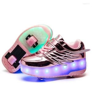 Sapatos atléticos de ouro rosa cobrando meninos de moda de moda lideraram patins de rolos leves para crianças tênis de tênis com rodas dois