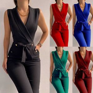 2023 Kadın Giyim İlkbahar Yaz Tulum Bükülmüş Düğme V Yağlı Kolsuz Uygun Tek Parça Pantolon Profesyonel Giyim