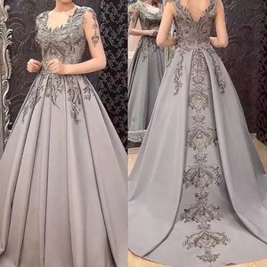 Abiti da sera a trapezio grigi da donna Abiti da cerimonia per feste formali Robe De Soiree Abito da ballo trasparente con maniche lunghe con applicazioni eleganti