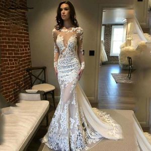 Charmante Langarm -Spitzen -Meerjungfrau -Hochzeitskleid sexy R￼ckenless SWWEP Zug auf Blick durch lange Brautkleider Mitte hergestellt