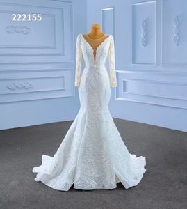 فستان زفاف العروس أبيض عميق الخامس ، الأكمام الطويلة ، يظهر عالي ذيل السمك ، مزاج ذيول ، مصمم خصيصا SM222155