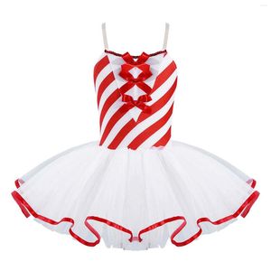 Girl Dresses Kids Girls Christmas Dance Dress Sleeveless Ballerina Costumes Bowknot Stripes Print Mesh Tutu Gymnastics Stage Dancewear