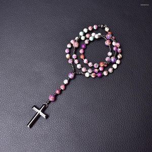 Pendant Necklaces Catholic Rosary Necklace For Women Purple Blue Jasper Beaded Cross Vintage Jewelry