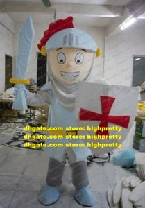 Cool White Soldier Mascot Costume Mascotte Knight Bodyguard Warrior Fighter With White Red Shield Big Sword No.2744 Free Ship
