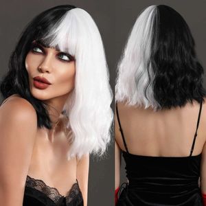 Saç dantel peruklar Siyah ve beyaz çift renkli kimyasal elyaf kadınlar kısa kıvırcık saçları patlama mekanizması baş kapağı cos peruk cos peruk