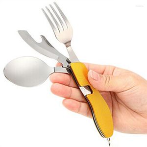 Dinnerware Sets Multi-function Outdoor Camping Picnic Tableware Stainless Steel Cutlery 4 In 1 Folding Fork Knife Bottle Opener Tool