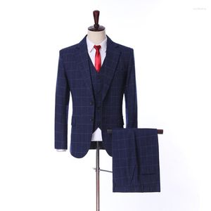 Herenpakken Real Po Navy Checker Bruidegom Tuxedos Men Party Prom Business Coat Waastcoat broek Sets Aangepast